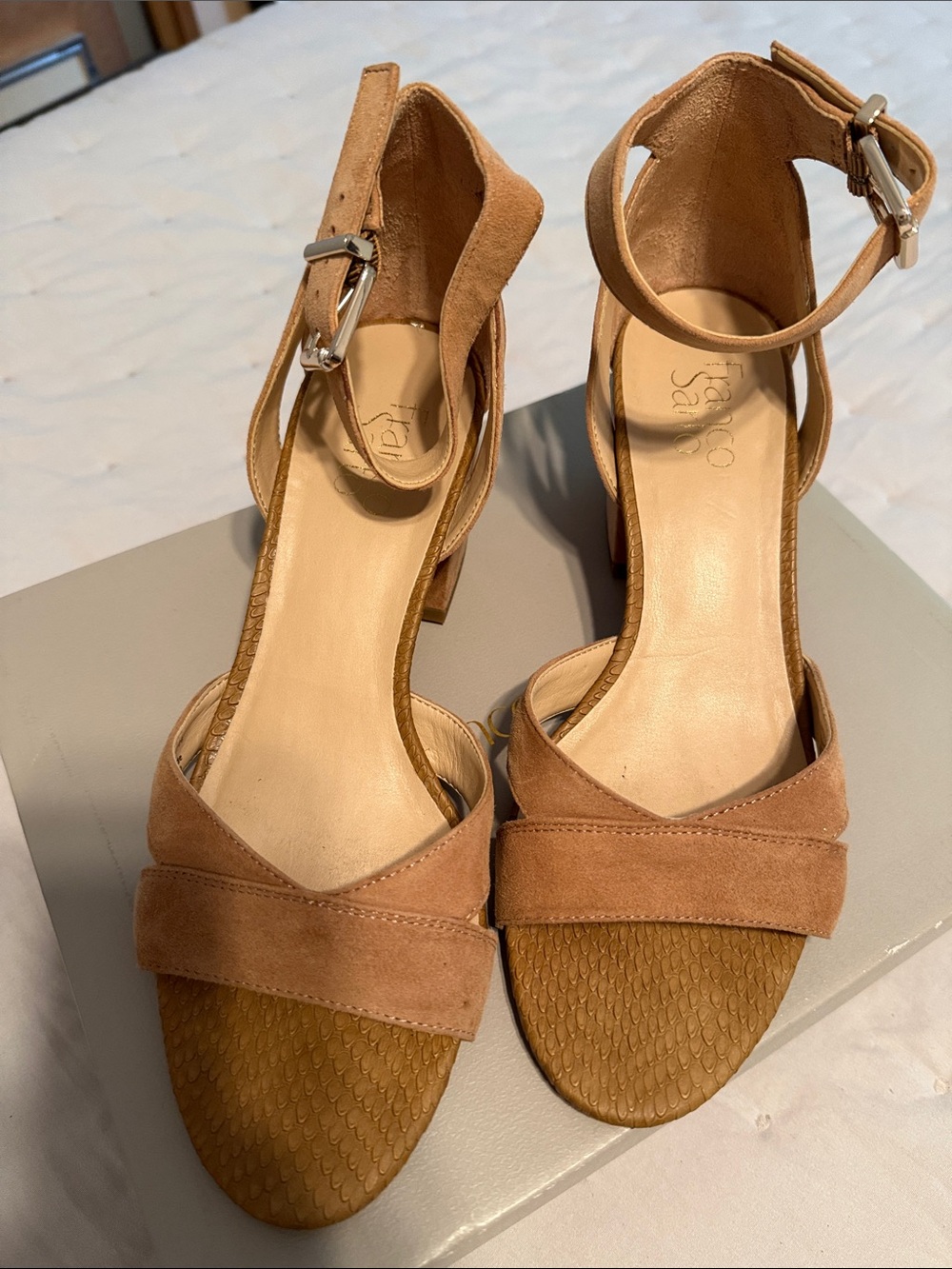 Franco Sarto Nude/Tan Suede Strappy Heels